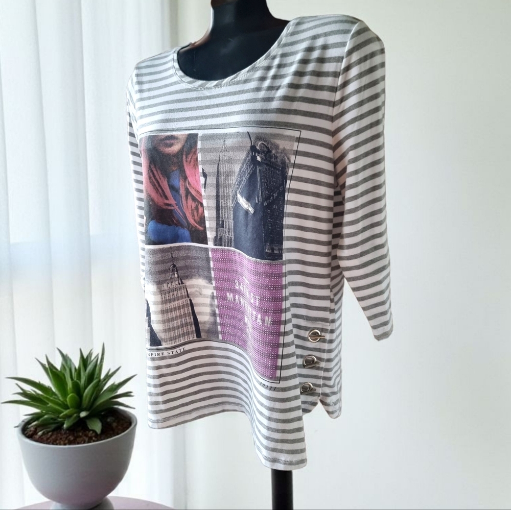 Grenier Sparkle Striped Gray and White NYC Women's Top With Side Toggles